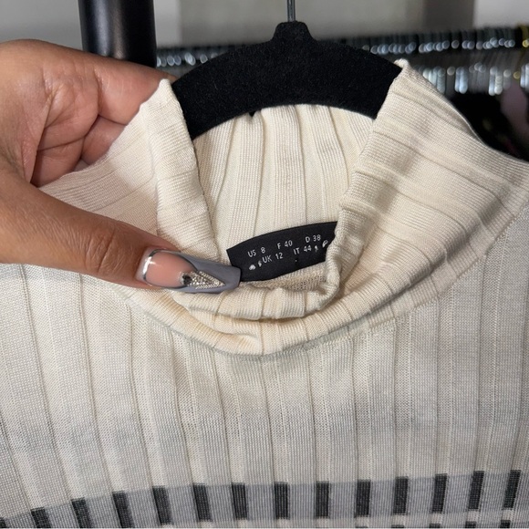 Akris Cream Sheer Grid Mulberry Silk Turtleneck Ribbed Knit Top Womens US 8 EUC - Picture 7 of 12